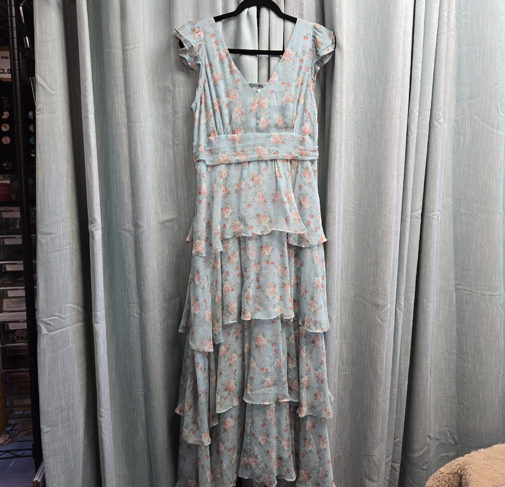 Light Blue Floral Tiered Maxi Dress with Ruffle Sleeves